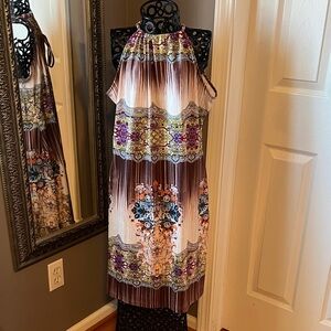 Boho Halter Maxi Dress in Brown & Cream with Multicolor Floral Medallions